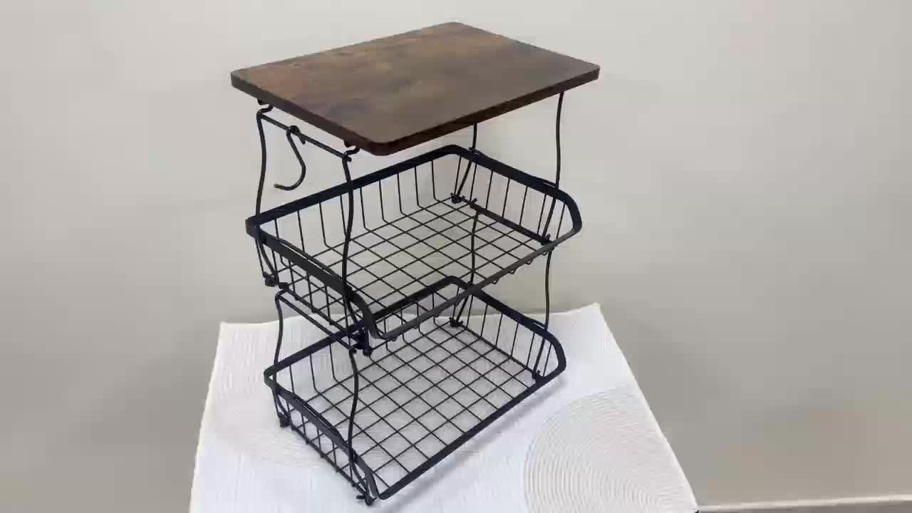 1pc 3-Layer Fruit Basket For Kitchen With 2 Banana Hooks, Suitable For Kitchen, Bread Vegetable Fruit Organizer With Wooden Handle, Large Capacity Rectangular Storage Rack, Black, Suitable For Restaur