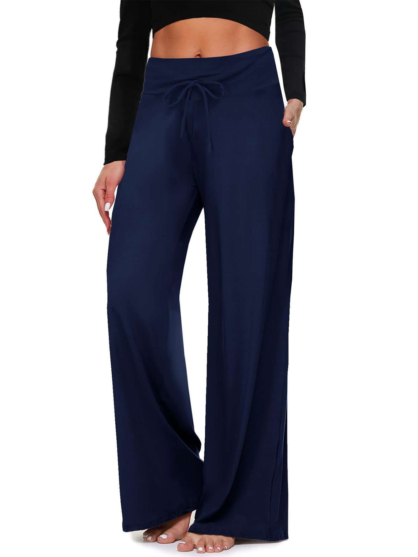 Wide-leg Pants - Cropped Pockets Solid Color
