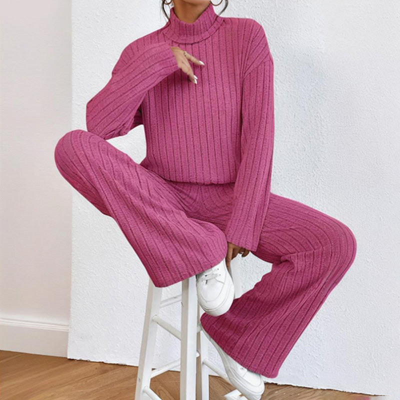 Women's Solid Color 2-Piece Set High Neck Long Sleeve Top & Pants, Striped Loungewear For Fall&Winter