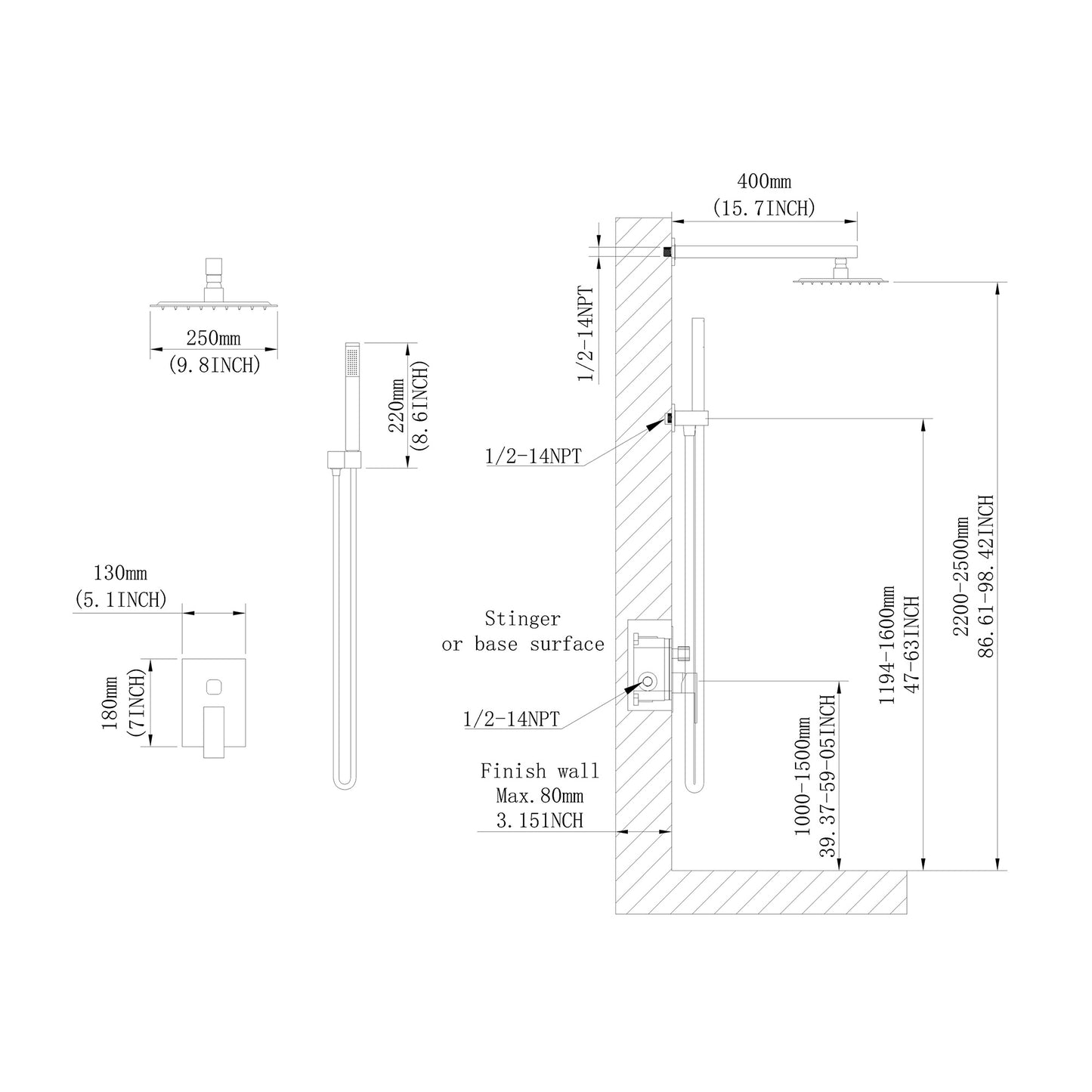 10 Inch Showerhead Bathroom Luxury Rain Shower Hybrid Shower Complete Combination Set Wall Mounted