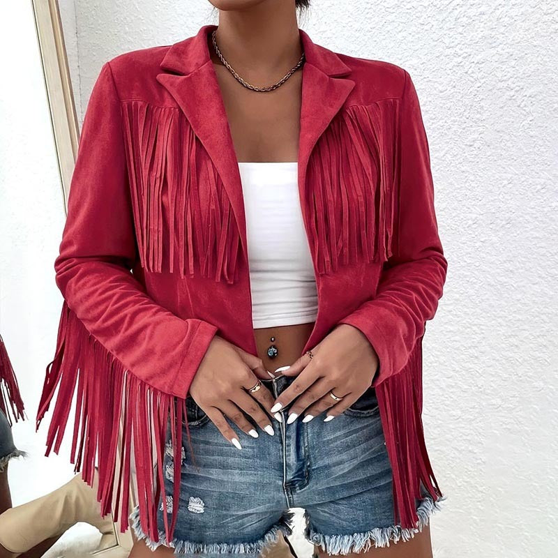 Women's Solid Color Fashion Lapel Loose Fit Fringe Long Sleeve Jacket - Stylish Tassel Detail On Chest & Sleeves For Fall&Winter Casual Wear