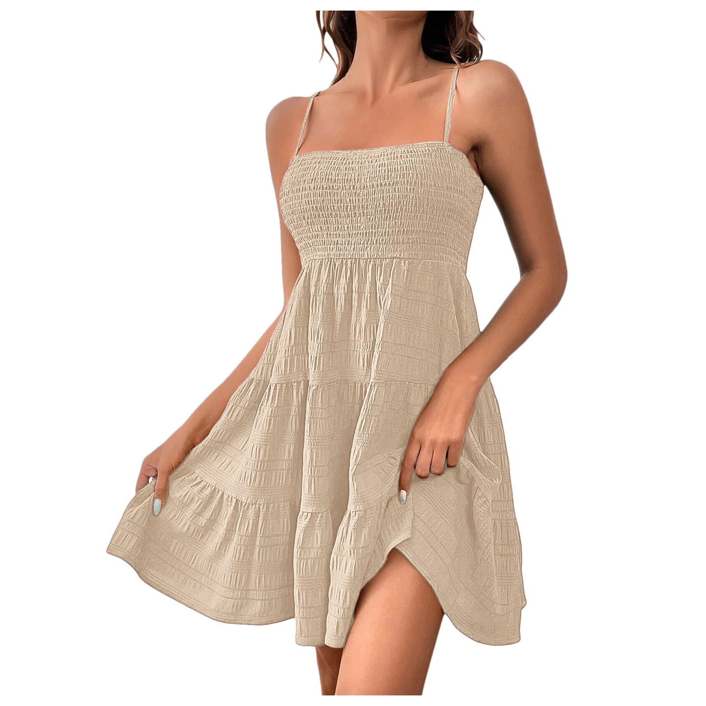 Women's Spaghetti Strap Sleeveless Smocked A-Line Swing Mini Dress, Elegant Casual Summer Dress