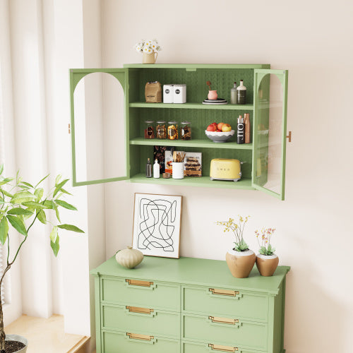 Glass Door Modern Two-door Wall Cabinet, Wall Cabinet With Characteristic Woven Pattern, Green Unavailable Platforms- Temu