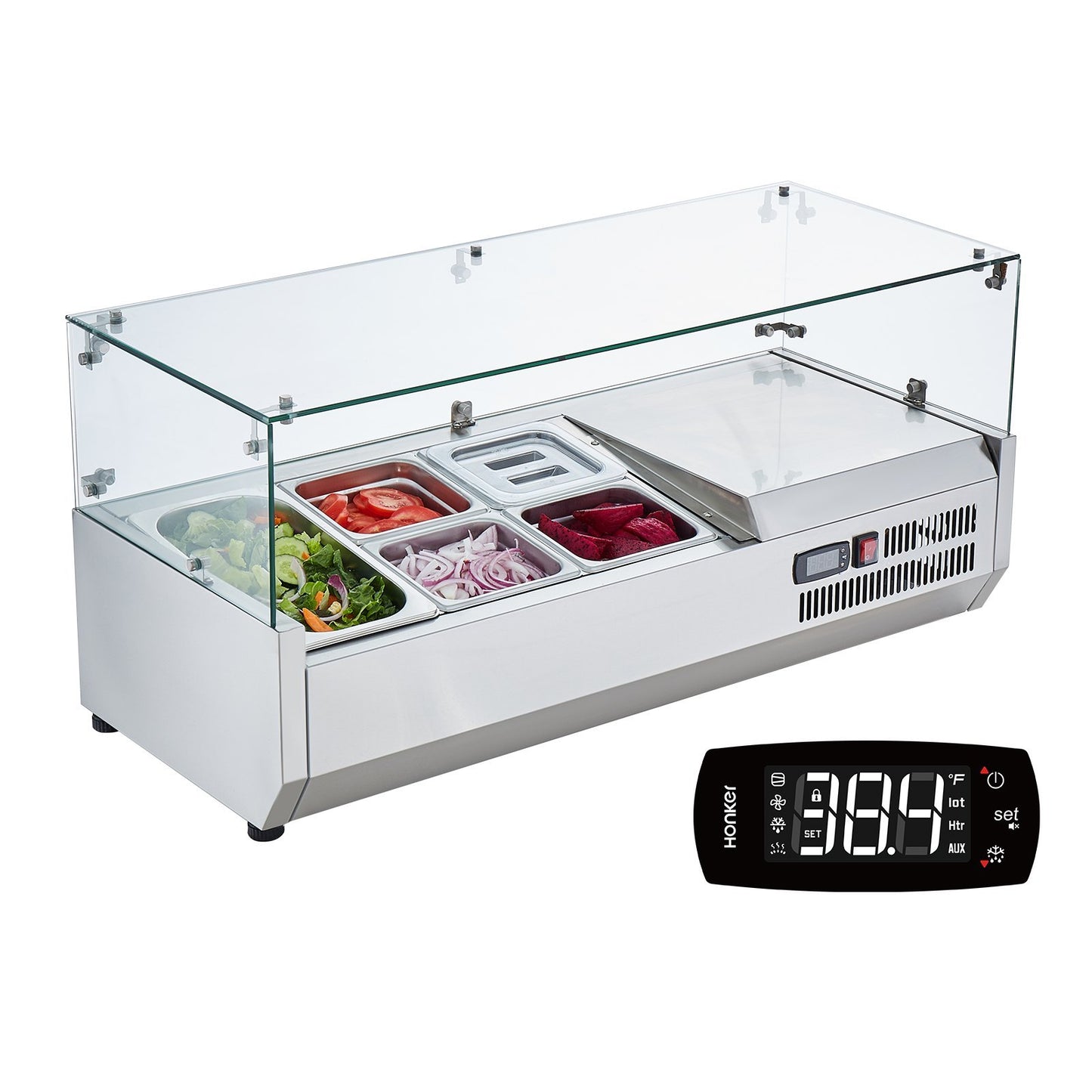 VEVOR Refrigerated Condiment Prep Station, 130 W Countertop Refrigerated Condiment Station,304 Stainless Body And PC Lid, Sandwich Prep Table With Glass Guard, ETL