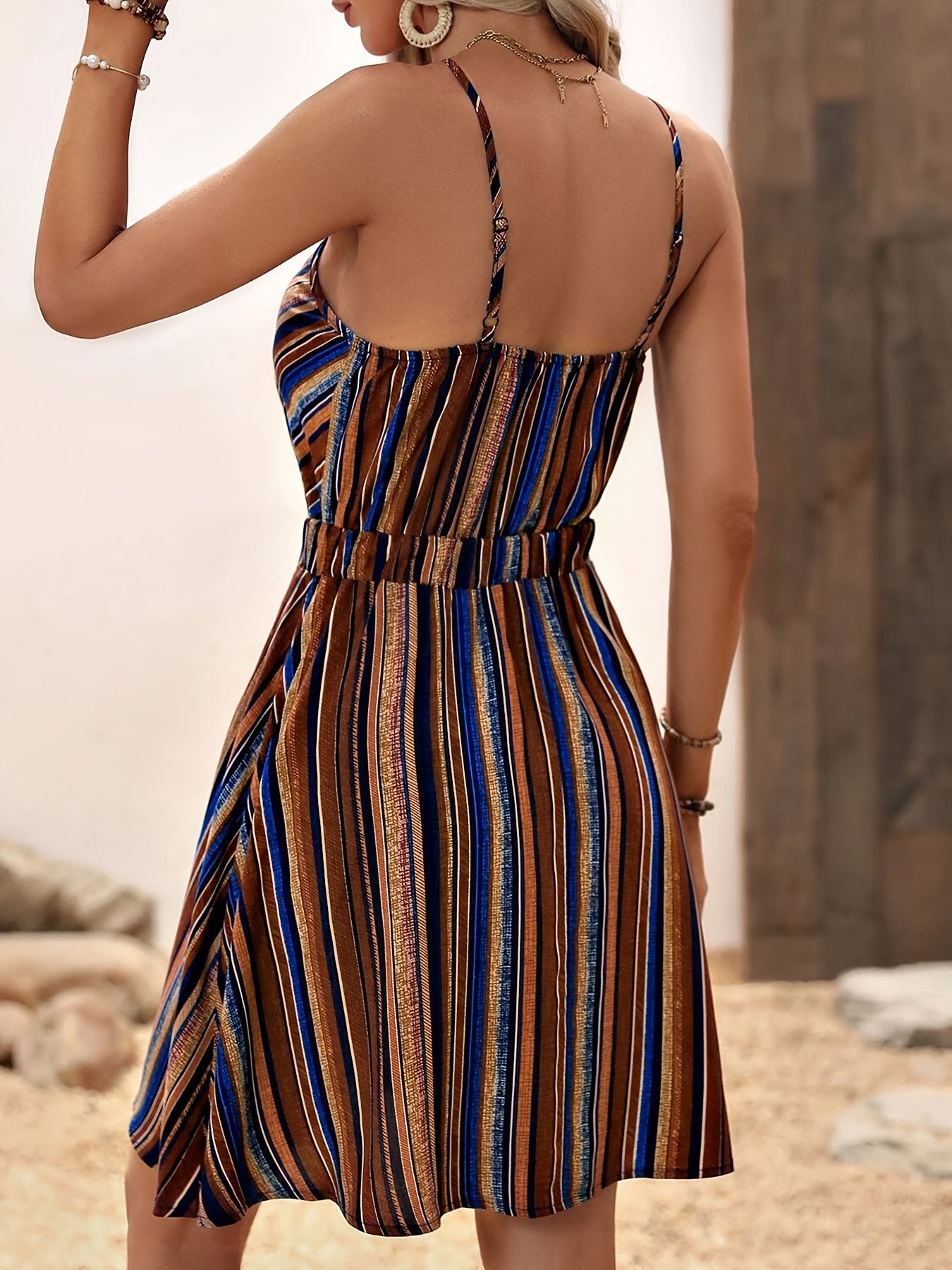 Women's Summer Sexy Deep V-Neck Striped Printed Slip Dress, Sleeveless Short Dress For Women's Vacation And Party