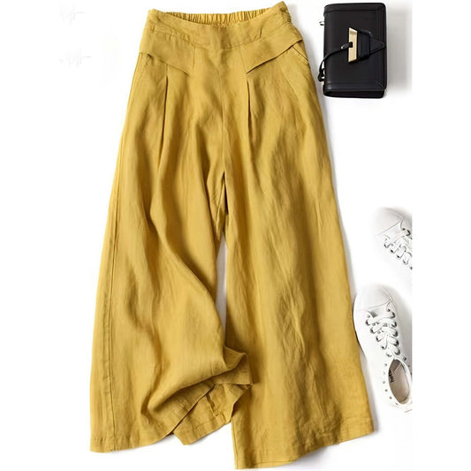 Comfortable Women's High Waist Wide-Leg Pants - Solid Black, Elastic Waistband With Pockets, Casual All-Season Polyester Trousers