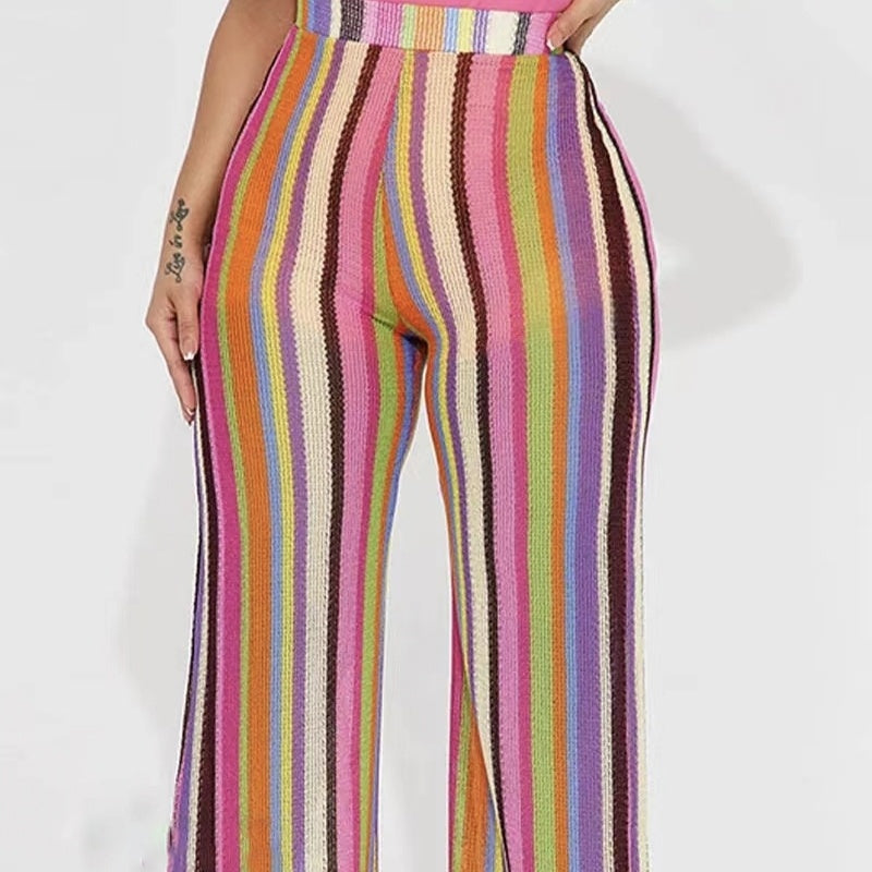Ladies' Fashionable Casual Printed Rainbow Stripe Straight Leg Wide Leg Pants