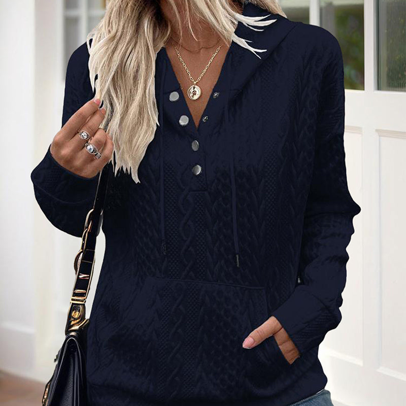 Women's V-Neck Solid Textured Long Sleeve Hoodie With Button Front & Kangaroo Pocket - Drawstring Hood Casual Pullover