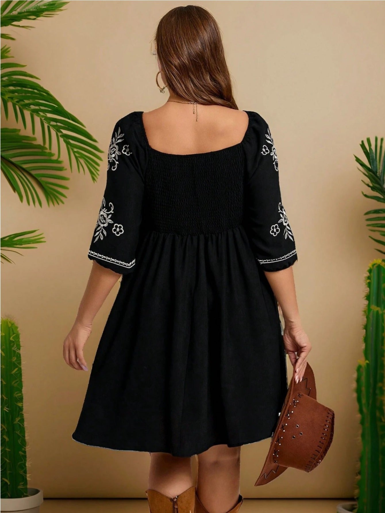 Women's Plus-size V-neck Embroidered Summer Casual Short Dress With Smocked Back Detailing