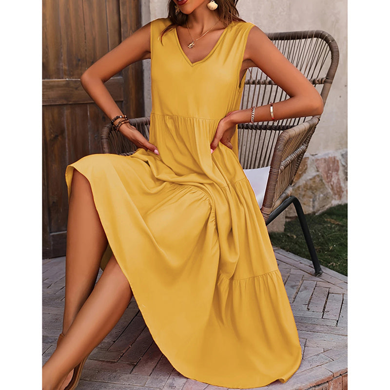 Women's Summer Casual Sleeveless V Neck Swing Dress Flowy Tiered Maxi Beach Dress