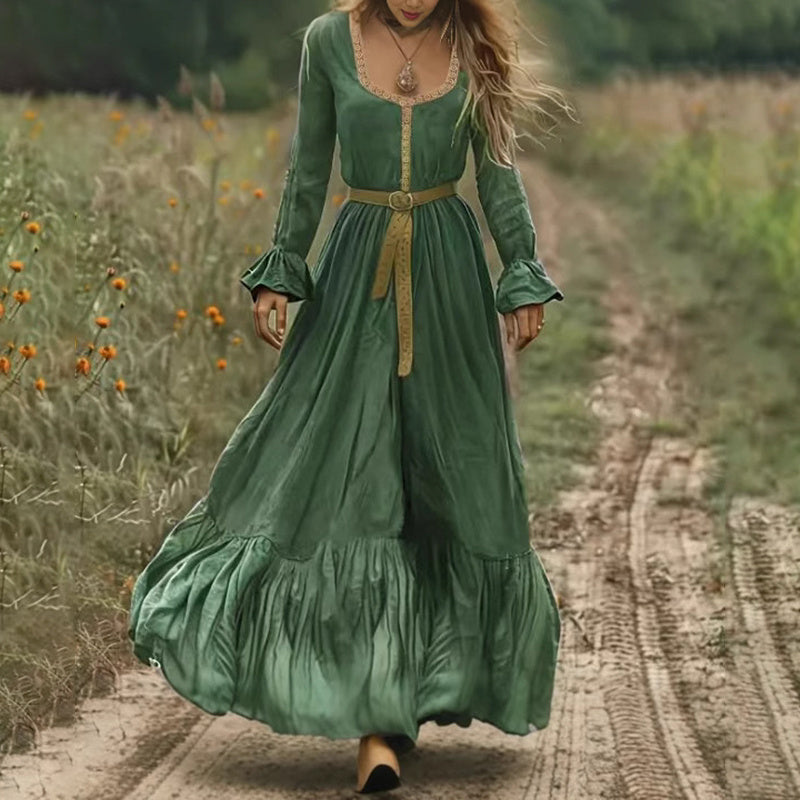 Women's Boho Long Sleeve Flowy Maxi Dress Elegant High Waist Backless Beach Long Dress