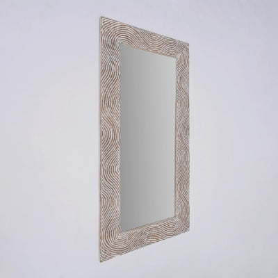 Rustic White Solid Wood Handcarved Wave Design Rectangle Mirror Accent-36 X 72
