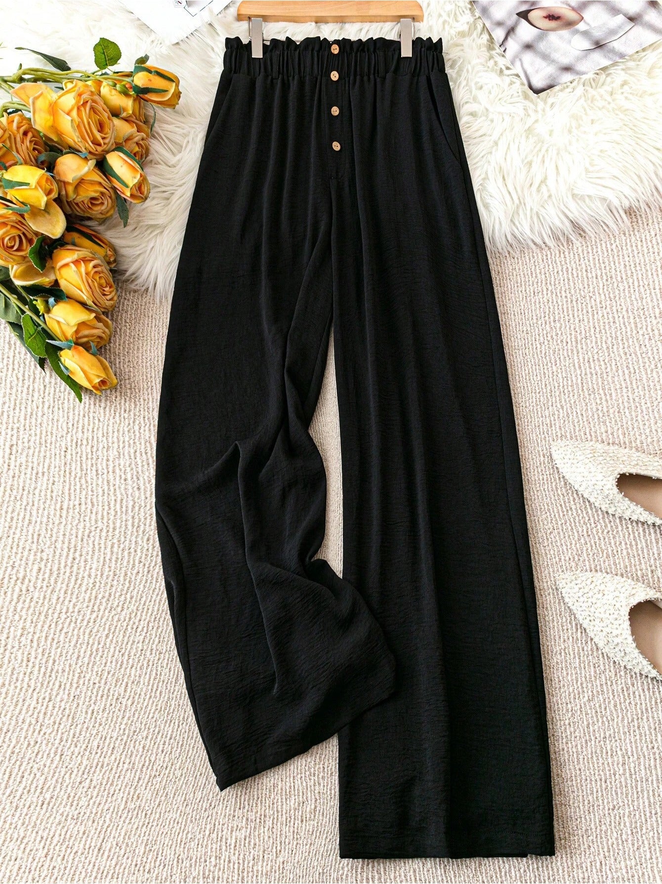 Women's Plus Size Teacher Pants - Black Straight-Leg Trousers With Pockets, Elastic Waistband With Wooden Button Decor, Soft Comfortable Fabric, Multifunctional Daily Wear