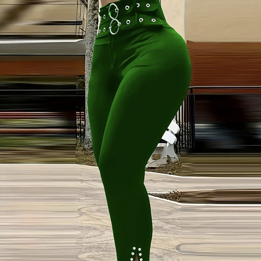 Ladies' Buckle And High Waisted Perforated Pants Sexy Slim Fit Pants Sexy Versatile New Clothes