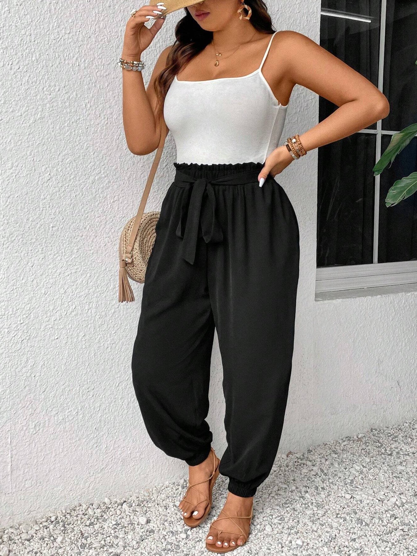 Women's Plus Size Cuffed Pants - Summer Casual Elastic Waist Long Trousers With Pockets And Belt