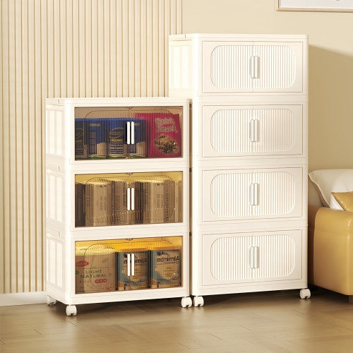 Cream White 19.69 Side Wide Folding Storage Cabinet ,3 Tiers,19.69x11.81x31.1,Collapsible Storage Bins With Magnetic Door, Plastic Storage Cabinet With Wheels