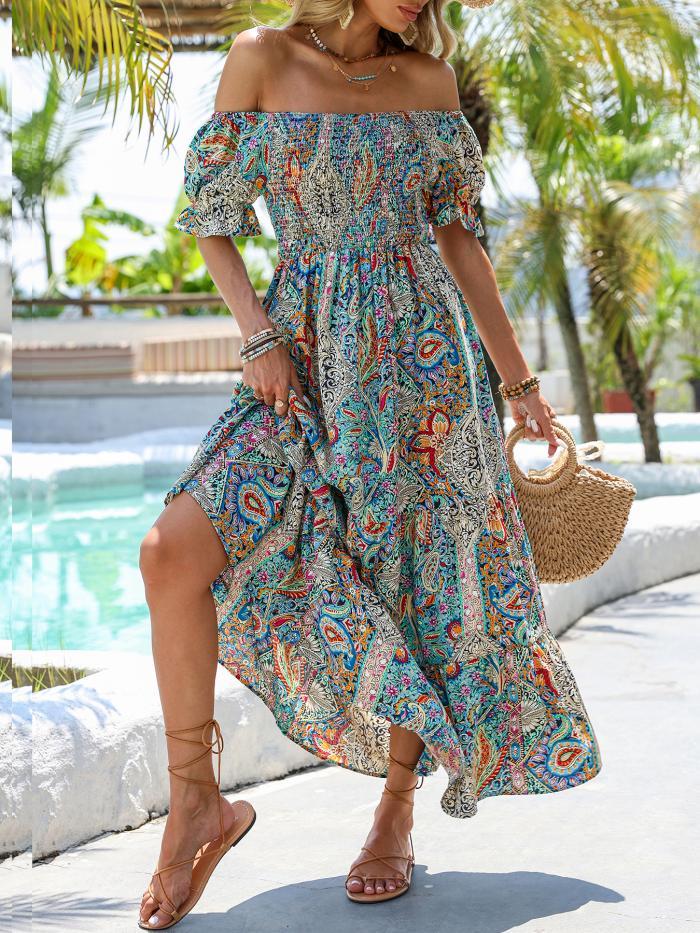 Women's Elegant Paisley Pattern Print One Shoulder Dress Summer Casual Party Essential Long Dress