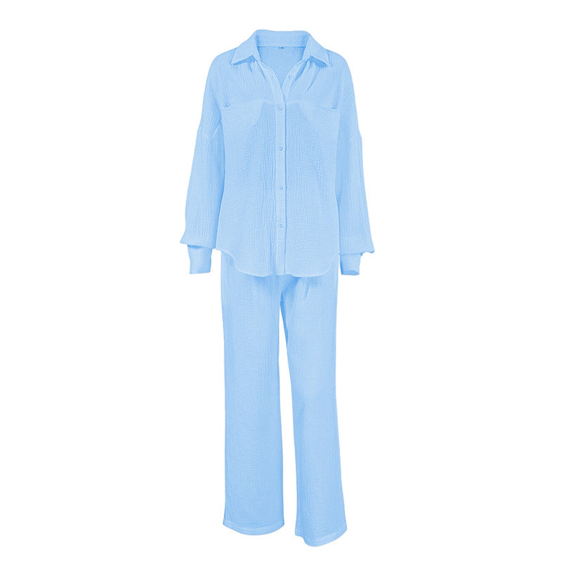 Women's Casual Solid Color Lounge Set - Loose Fit Long Sleeve Top & Pants With Chest Pockets Comfortable Home Wear