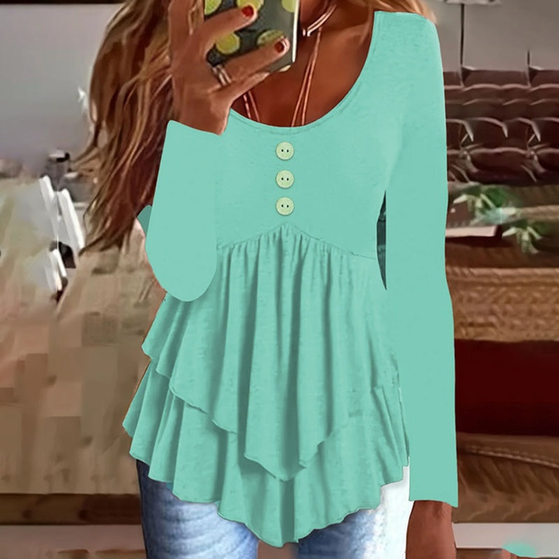 Womens Casual Long Sleeve T-Shirt Solid Color Round Neck Layered Button Front Tunic Tops