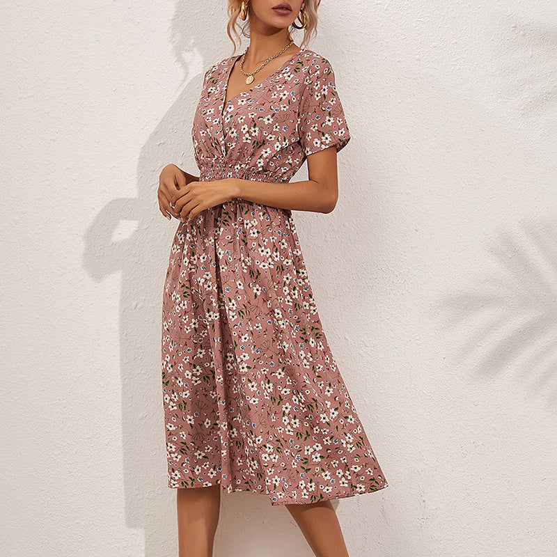 Women's V-Neck Floral Print Dress - A-Line Waisted Summer Maxi Dress