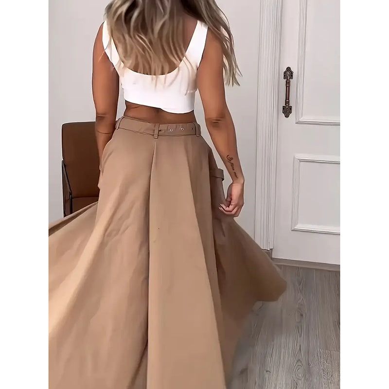 Women Two Piece Outfits Summer Cropped Vest Top High Waisted Slit Skirt Casual Matching Sets