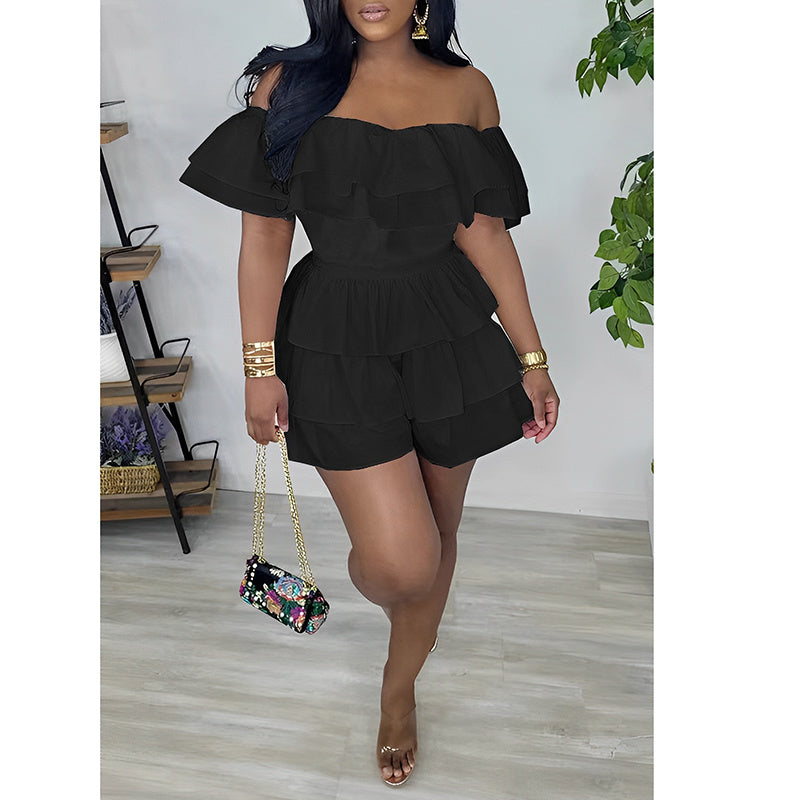 Womens Sexy Off Shoulder Rompers Summer Ruffle Short Sleeve Tiered Short Jumpsuits