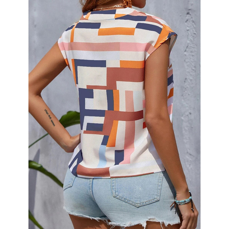 Womens Summer Tops Trendy Geometric Pattern Cap Sleeve V Neck T-Shirts Dressy Casual Short Sleeve Blouses