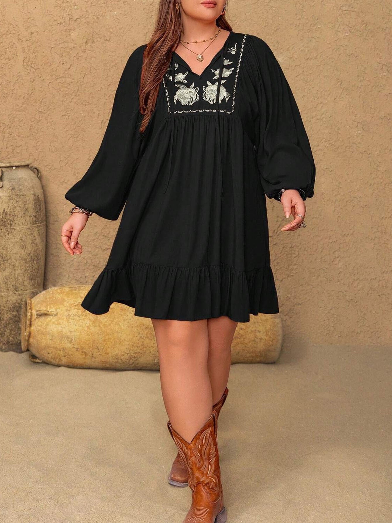 Women's Plus Size Embroidered Summer Casual Long Sleeve Tie V-Neck Mini Dress