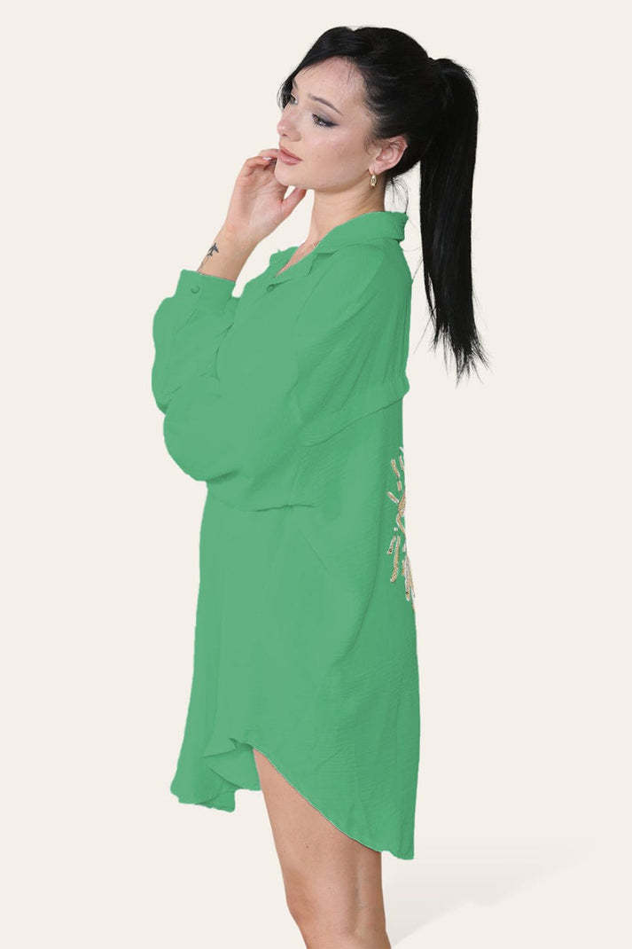 Oversized Long Sleeve Gold Sequin Eye Button Up Shirt