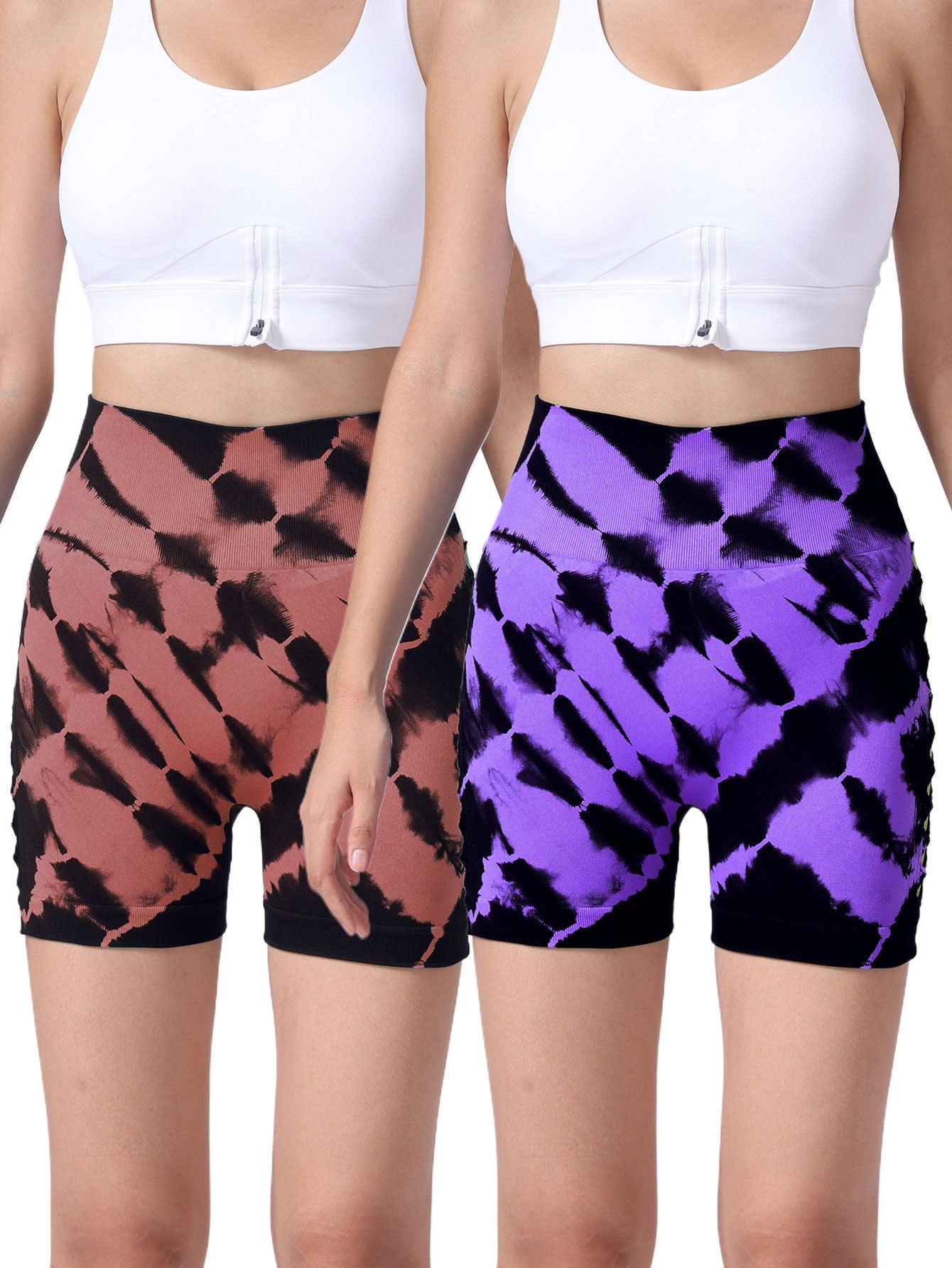 2 Pack Us Local Women's Side Cut-Out Tie-Dye Seamless Hip Lift High Waist Sports Fitness Yoga Shorts