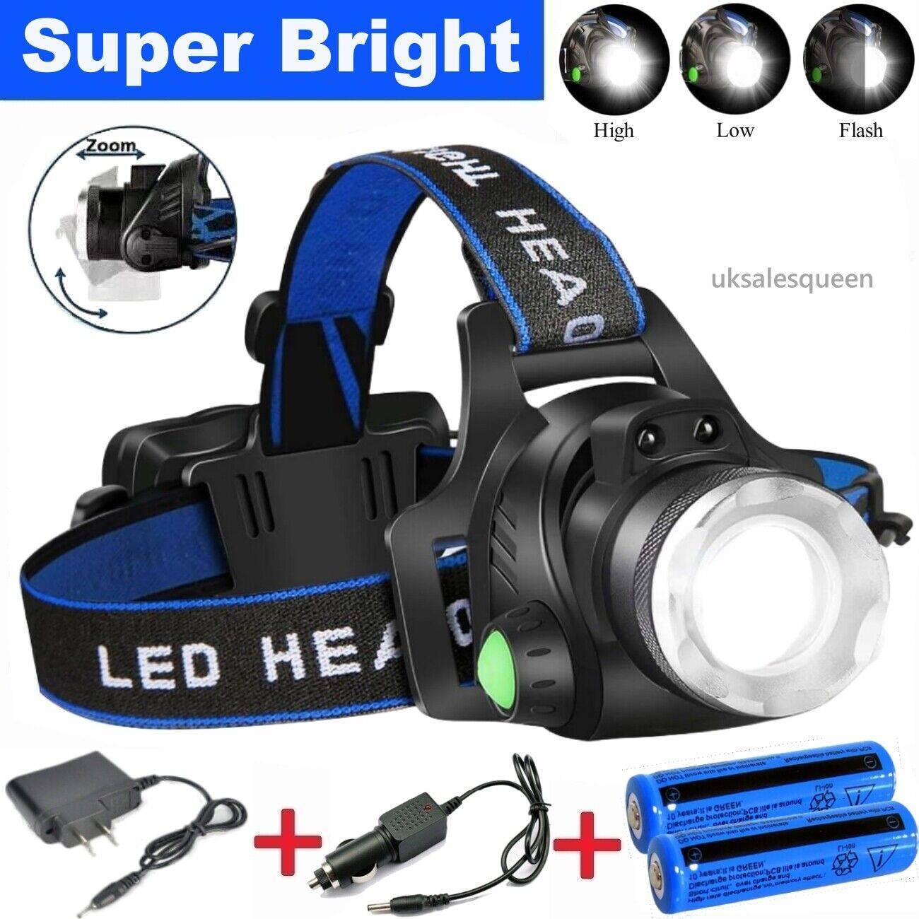 990000LM Rechargeable LED Headlamp Zoomable Torch Tactical Headlight Flashlight