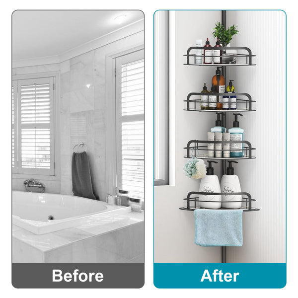 Corner Shower Caddy Tension Pole, Quick Setup, Rust-Free Bathroom Shower Organizer Corner For Bathtub Shampoo Storage, 4-Tier Adjustable Shelf, Drill Free, Fits 8.66 To 116 Inch Height, Black