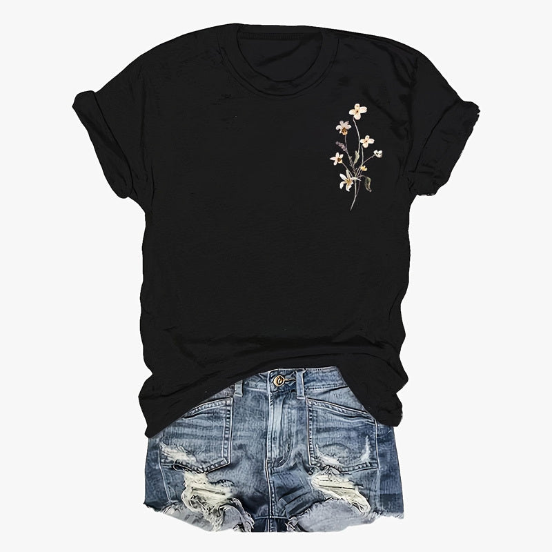 Women's Round Neck Short Sleeve T-Shirt - Front & Back Floral Print Summer Casual Tee