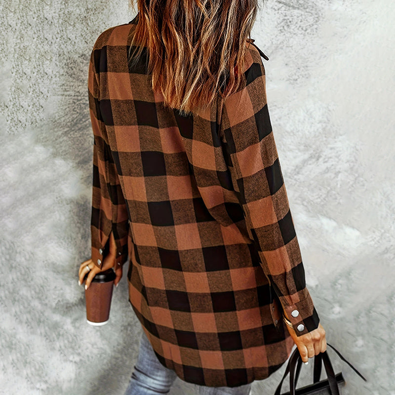 Women's Long Sleeve Plaid Print Button Front Casual Shirt For Spring & Fall