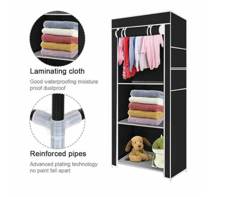 PRACTICAL FABRIC CANVAS WARDROBE HANGING RAIL SHELVING CLOTHES STORAGE CUPBOARD