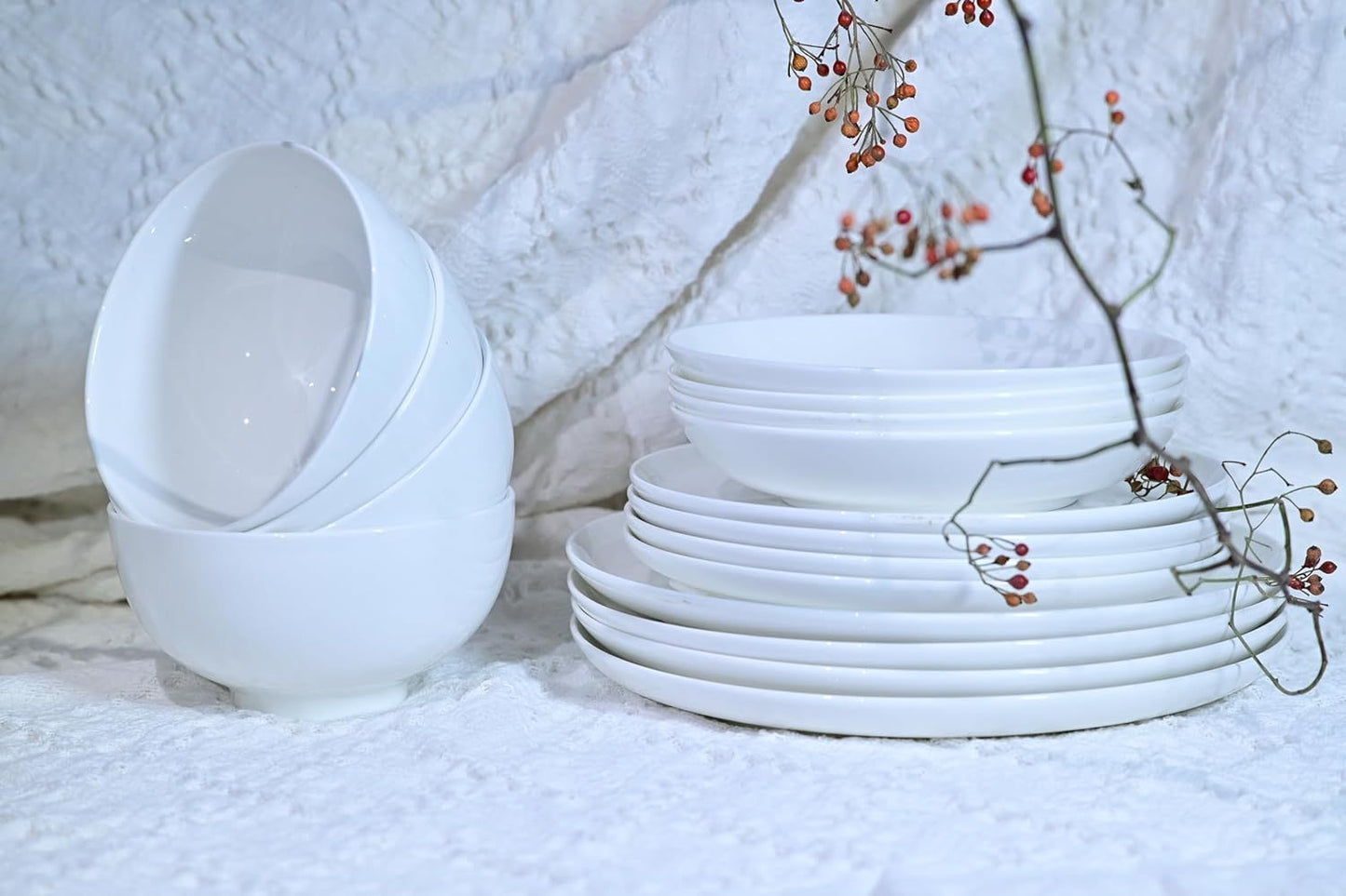 Lily Bone China Dinnerware Set, 16 Pieces, Service For 4, White Plates, Dishes, Bowls Set, Microwave And Dishwasher Safe