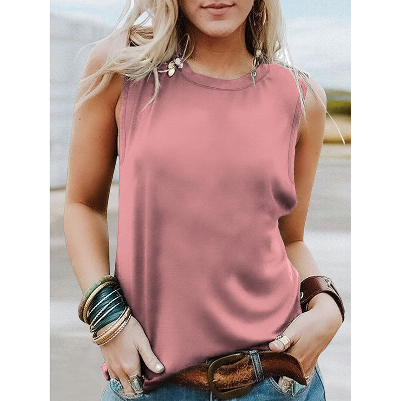 Womens Tank Tops Crew Neck Sleeveless Tshirts Solid Color Casual Loose Fit Tee Shirts