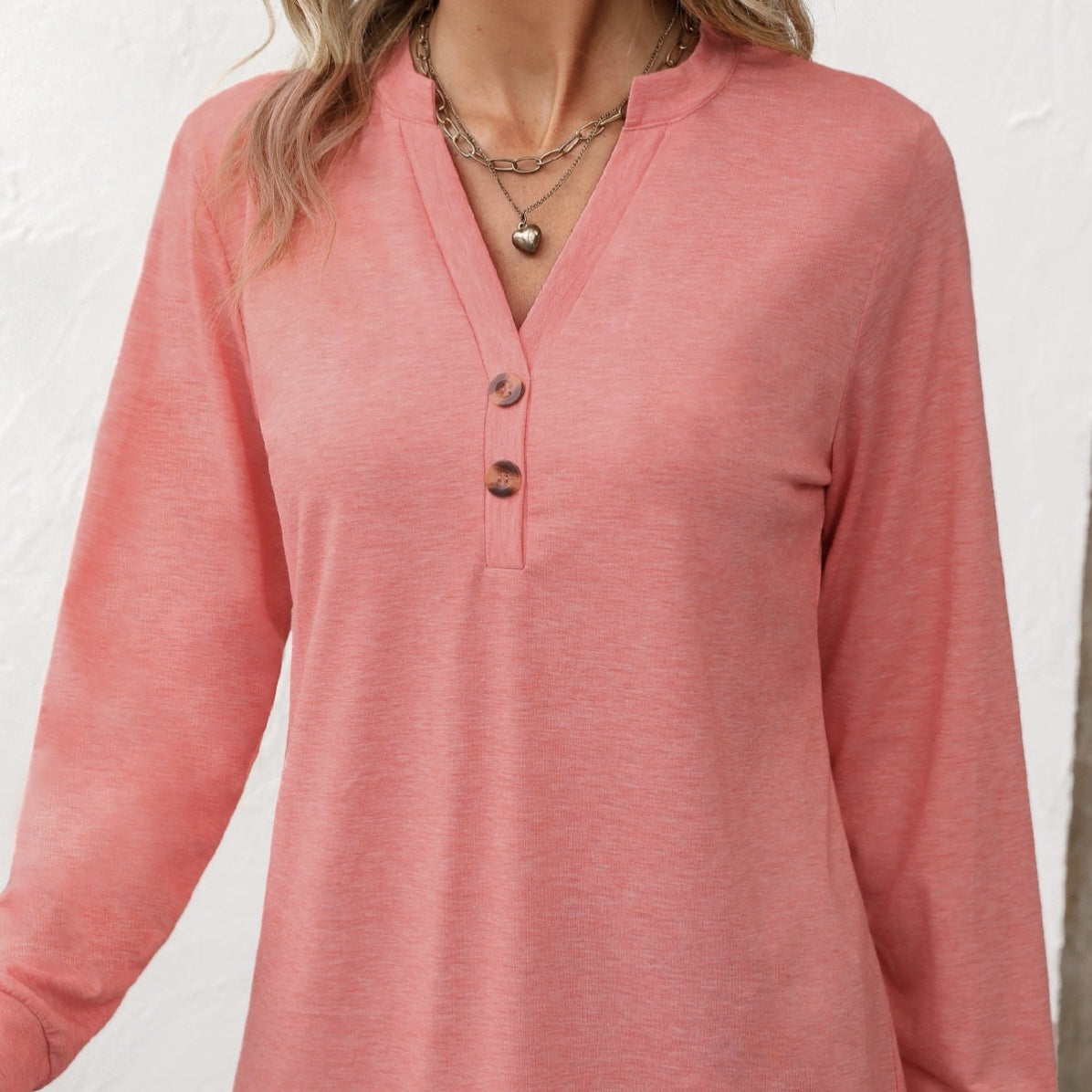 Ladies' Fashion New Button Peach Red Open Neck T-shirt Casual Top