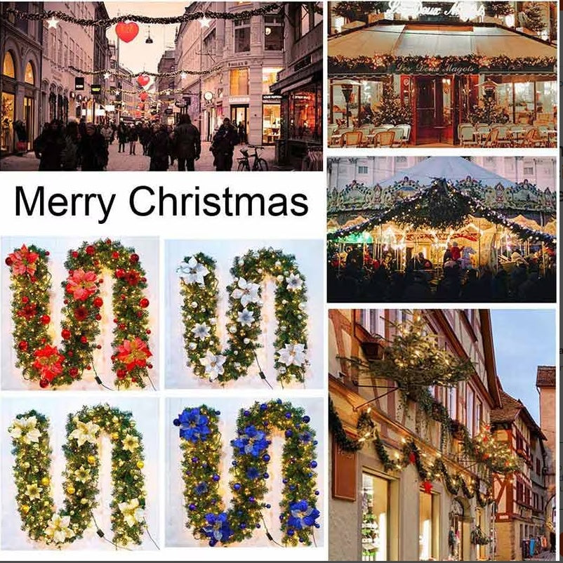 2.7M Christmas Garland With Lights Rattan Artificial Fireplace Wreath Stair Deco