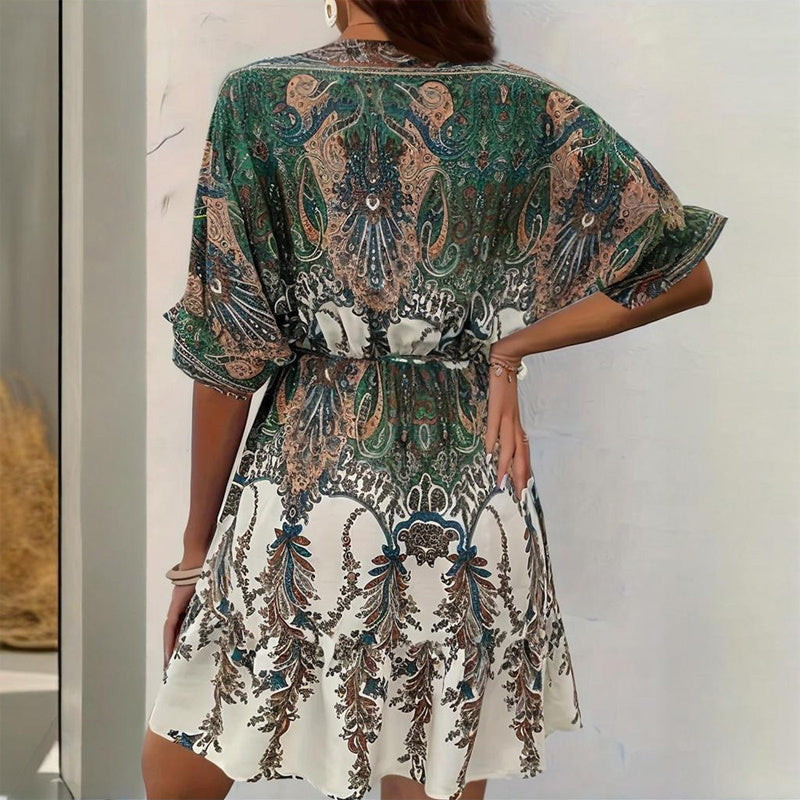 Women's Vintage Floral Butterfly Print Dress - Batwing Sleeve, Deep V-Neck & Ruffle Waist With Tie Detail