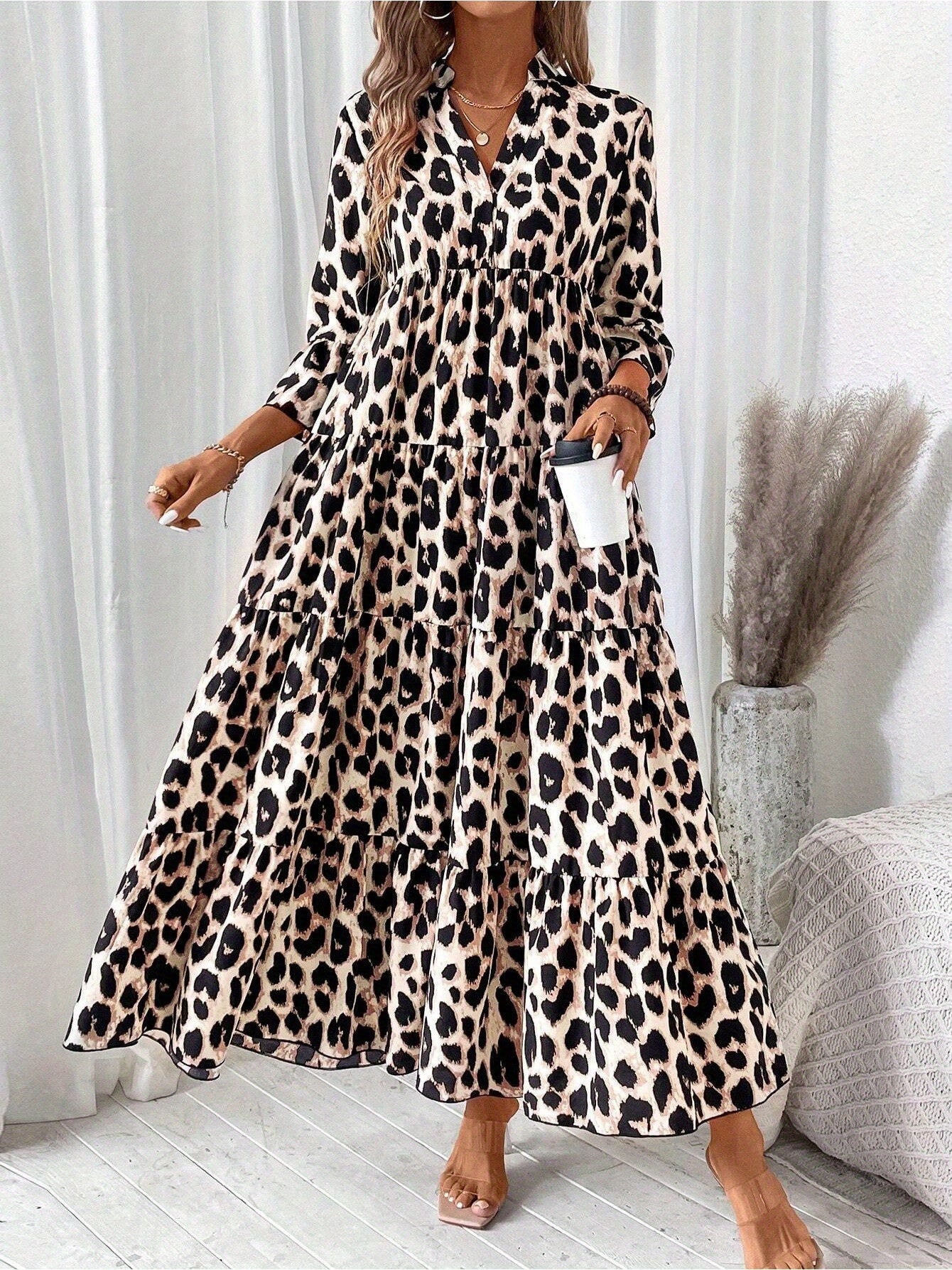 Women's Leopard Print Mid-Sleeve Loose-Fit Casual Comfortable Maxi Dress - Flattering For Slimming