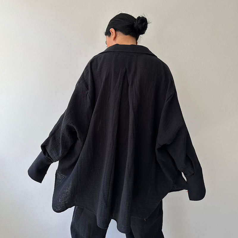 Women's Solid Color Lapel Collar Long Sleeve Shirt & High-Waist Pants Set - Casual Loose Fit Spring&Summer Outfit