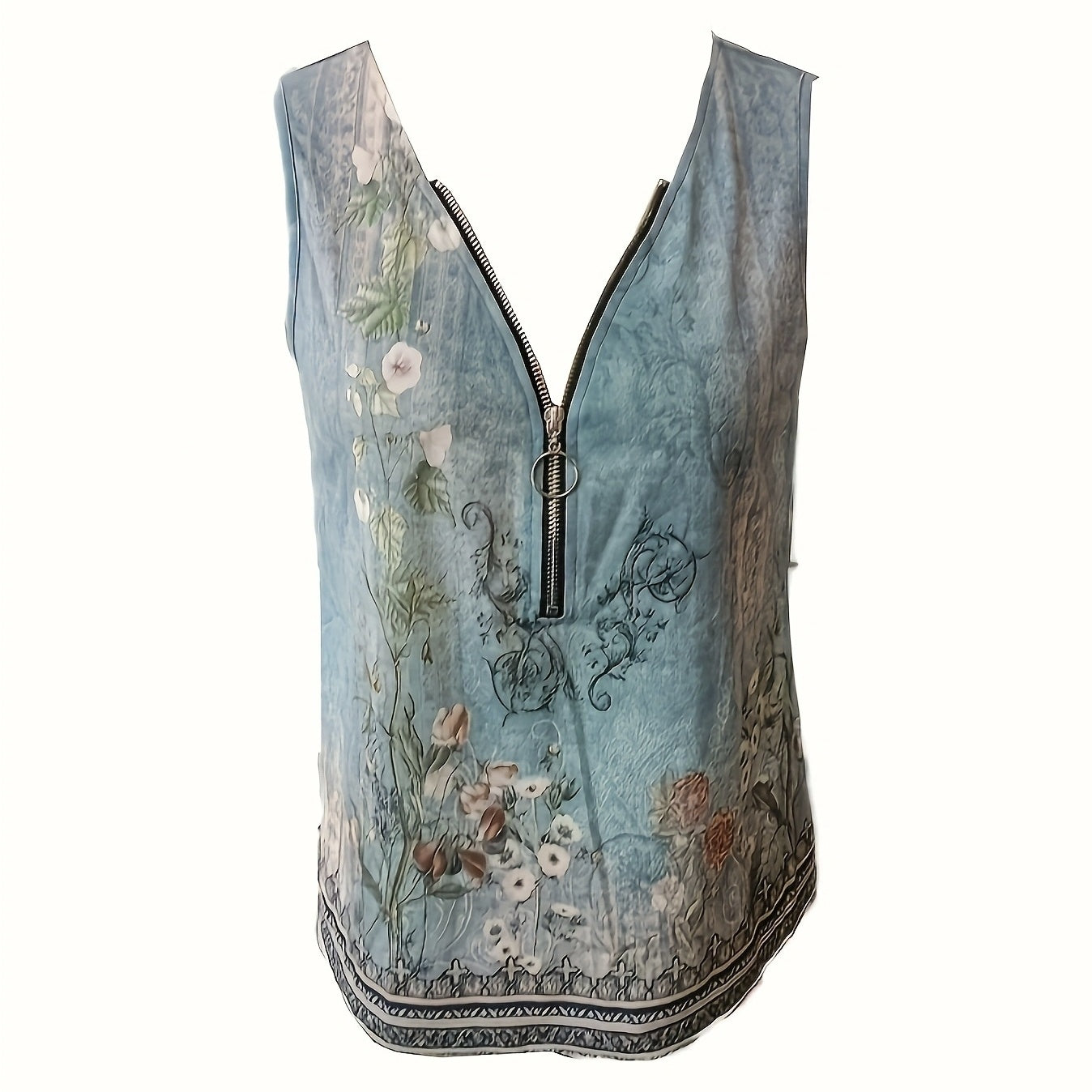 Ladies' Fashionable Printed V-neck Half Zipper Off Shoulder Vacation Style Camisole Vest