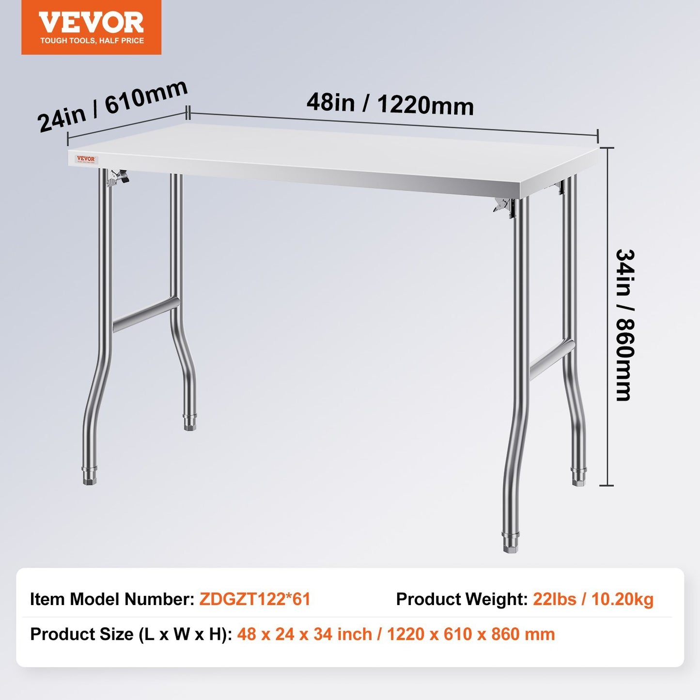 VEVOR Commercial Worktable Workstation 48 X 24 Inch Folding Commercial Prep Table, Heavy-duty Stainless Steel Folding Table With 661 Lbs Load, Kitchen Work Table, Silver Stainless Steel Kitchen Island