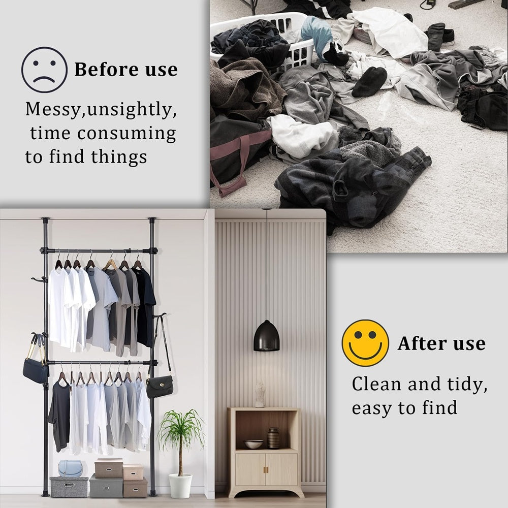 Floor To Ceiling Adjustble Garment Rack, Heavy Duty 2-Tier Clothes Rack