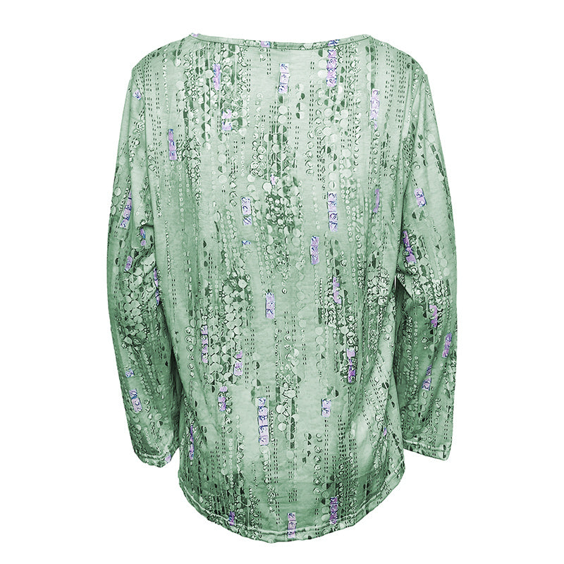 Plus Size Women's Floral Sequin Square Neck Long Sleeve T-Shirt - Printed Casual Spring&Summer Top
