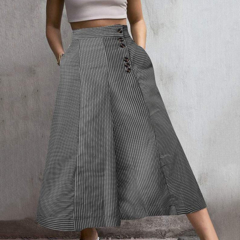 Womens Summer Casual Loose Striped Wide Leg Lounge Pants Elastic Waist Trousers With Button Details