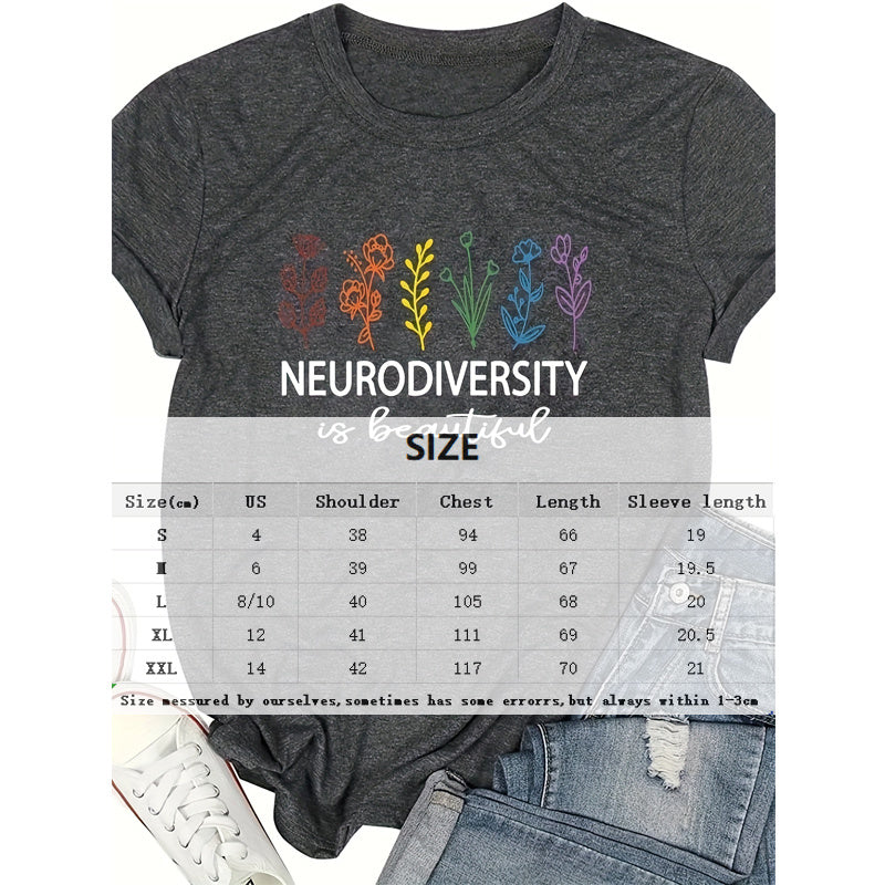 Women's Botanical & 'NEURODIVERSITY' Text Print Round Neck Tee - Inclusive Summer Top