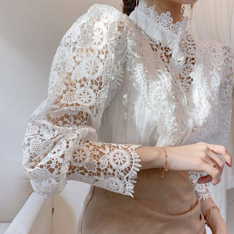 Elegant Women's Vintage Pearl Button Lace Blouse - Puff Sleeve Semi-Sheer Ruffled Stand Collar Shirt Spring&Summer Office & Vacation Top