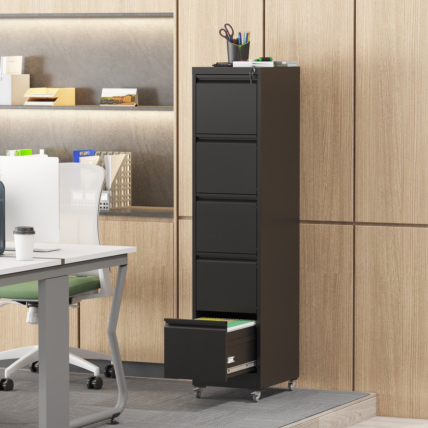 5 Drawer Metal Vertical File Cabinet With Lock On Wheels For Home Office,Heavy Duty Metal Storage Cabinet For A4 Letter Legal Size Files, Black